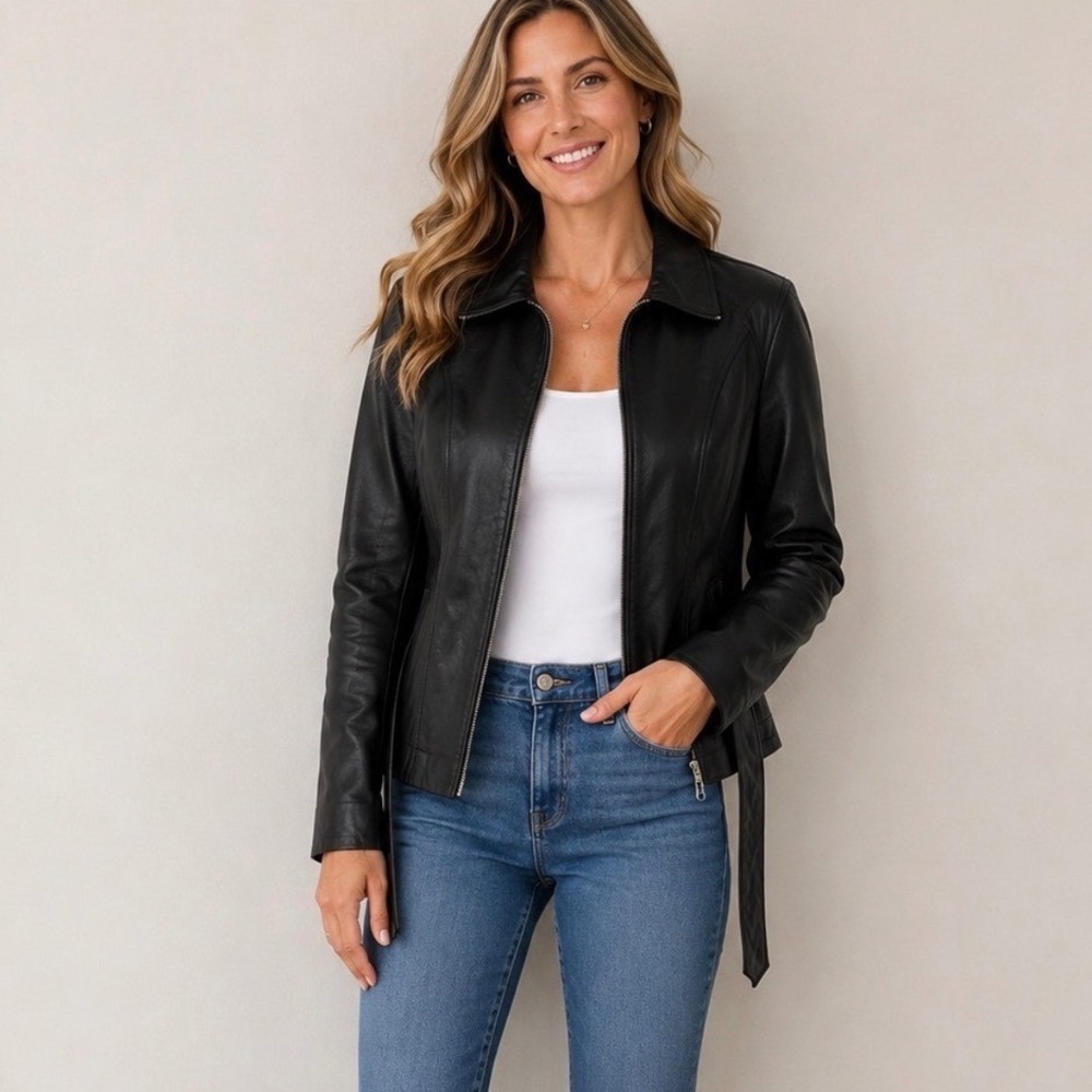 Wilsons Leather Black Moto Jacket XL Thinsulate Ultra Insulated Belted Zip Up